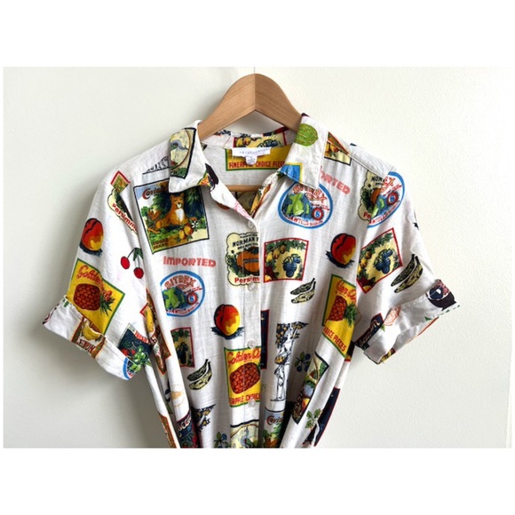 Jane + Delancey Short Sleeve Tropical Fruit Vacation Linen Blend Shirt Dress L - Picture 7 of 10